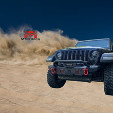 Load image into Gallery viewer, MTNTOPCN Aquamarine Stubby Front Bumper, Compatible for 2007-2024 Jeep Wrangler Rock Crawler Bumper with Winch Plate Mounting & 2 x LED Lights & 2 x D-Rings Off Road and Utilizes OEM fog lights