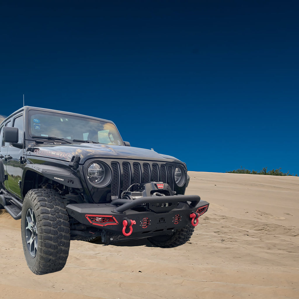 MTNTOPCN AQMR Front Bumper, Compatible for 2007-2024 Jeep Wrangler Rock Crawler Bumper with Winch Plate Mounting & 2 x LED Lights & 2 x D-Rings Off Road and Utilizes OEM fog lights