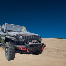 Load image into Gallery viewer, MTNTOPCN AQMR Front Bumper, Compatible for 2007-2024 Jeep Wrangler Rock Crawler Bumper with Winch Plate Mounting & 2 x LED Lights & 2 x D-Rings Off Road and Utilizes OEM fog lights