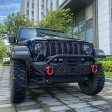 Load image into Gallery viewer, MTNTOPCN Aquamarine Stubby Front Bumper, Compatible for 2007-2024 Jeep Wrangler Rock Crawler Bumper with Winch Plate Mounting & 2 x LED Lights & 2 x D-Rings Off Road and Utilizes OEM fog lights