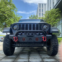 Load image into Gallery viewer, MTNTOPCN Aquamarine Stubby Front Bumper, Compatible for 2007-2024 Jeep Wrangler Rock Crawler Bumper with Winch Plate Mounting &amp; 2 x LED Lights &amp; 2 x D-Rings Off Road and Utilizes OEM fog lights