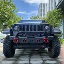 Load image into Gallery viewer, MTNTOPCN Aquamarine Stubby Front Bumper, Compatible for 2007-2024 Jeep Wrangler Rock Crawler Bumper with Winch Plate Mounting & 2 x LED Lights & 2 x D-Rings Off Road and Utilizes OEM fog lights