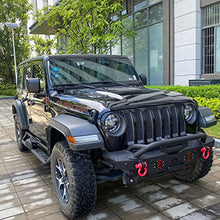 Load image into Gallery viewer, MTNTOPCN Aquamarine Stubby Front Bumper, Compatible for 2007-2024 Jeep Wrangler Rock Crawler Bumper with Winch Plate Mounting & 2 x LED Lights & 2 x D-Rings Off Road and Utilizes OEM fog lights