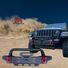 Load image into Gallery viewer, MTNTOPCN Aquamarine Stubby Front Bumper, Compatible for 2007-2024 Jeep Wrangler Rock Crawler Bumper with Winch Plate Mounting & 2 x LED Lights & 2 x D-Rings Off Road and Utilizes OEM fog lights