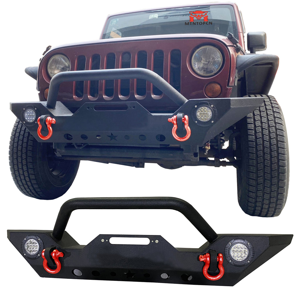 MTNTOPCN Front Bumper Compatible with 2007-2018 Jeep Wrangler JK & Unlimited, Rock Crawler Bumper with Winch Plate Mounting & 2 x LED Lights & 2 x D-Rings Off Road