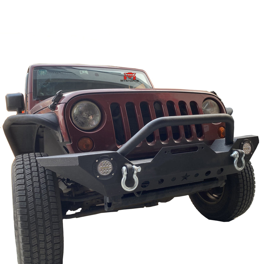 MTNTOPCN Front Bumper Compatible with 2007-2018 Jeep Wrangler JK & Unlimited, Rock Crawler Bumper with Winch Plate Mounting & 2 x LED Lights & 2 x D-Rings Off Road