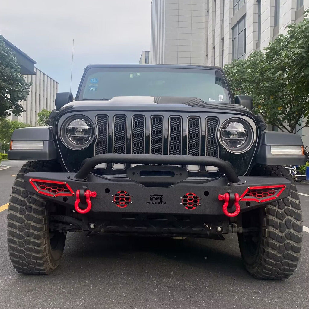 MTNTOPCN AQMR Front Bumper, Compatible for 2007-2024 Jeep Wrangler Rock Crawler Bumper with Winch Plate Mounting & 2 x LED Lights & 2 x D-Rings Off Road and Utilizes OEM fog lights