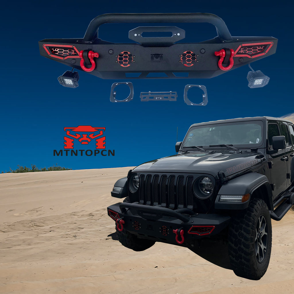 MTNTOPCN AQMR Front Bumper, Compatible for 2007-2024 Jeep Wrangler Rock Crawler Bumper with Winch Plate Mounting & 2 x LED Lights & 2 x D-Rings Off Road and Utilizes OEM fog lights