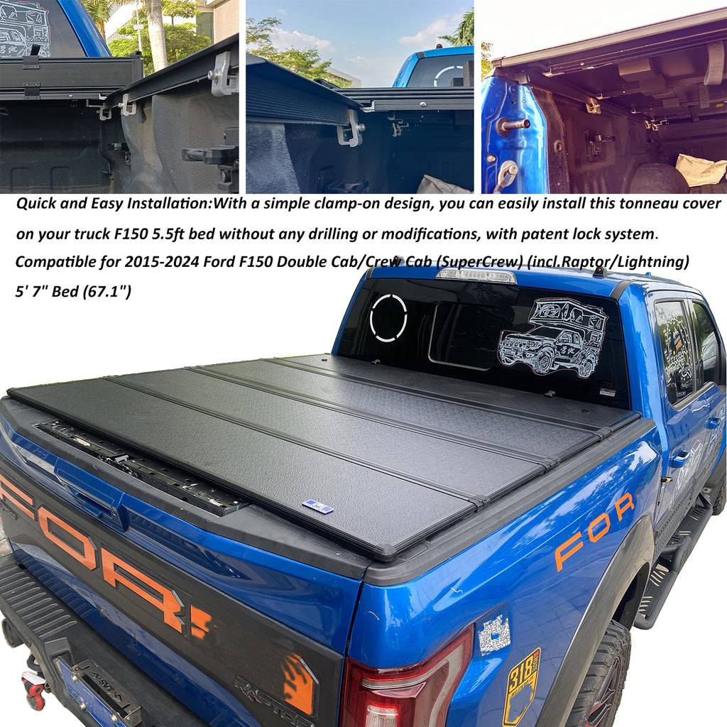 MTNTOPCN Aluminum Quad Fold Tonneau Cover Compatible for 2015-2024 Ford F150 Double Cab/Crew Cab (SuperCrew) (incl. Raptor/Lightning) 5' 7" Bed (67.1")