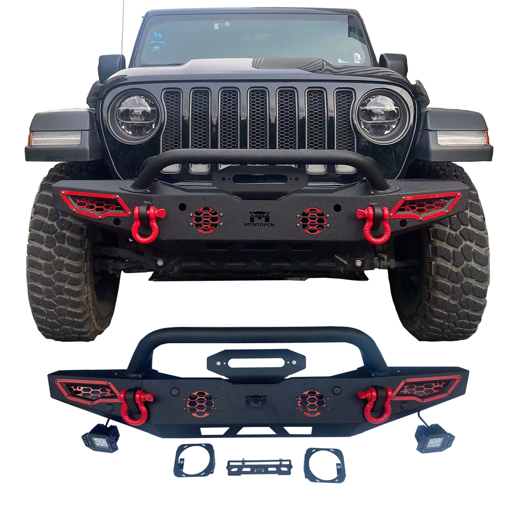 MTNTOPCN AQMR Front Bumper, Compatible for 2007-2024 Jeep Wrangler Rock Crawler Bumper with Winch Plate Mounting & 2 x LED Lights & 2 x D-Rings Off Road and Utilizes OEM fog lights