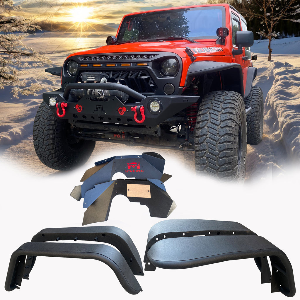 MTNTOPCN Aluminum Fender Flares Front & Rear + Inner Fender Compatible for Jeep Wrangler 2007-2018 JK & JKU Unlimited, Revamp Your Jeep: 2007-2018 Jeep Wrangler Fender Flares for Off-Road Adventures