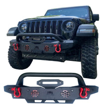Load image into Gallery viewer, MTNTOPCN Aquamarine Stubby Front Bumper, Compatible for 2007-2024 Jeep Wrangler Rock Crawler Bumper with Winch Plate Mounting &amp; 2 x LED Lights &amp; 2 x D-Rings Off Road and Utilizes OEM fog lights
